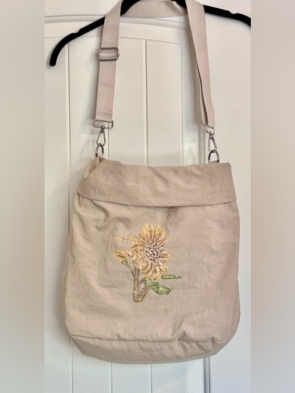 Beige Custom Hand Painted Sunflower Crossbody/HandBag with Adjustable Strap